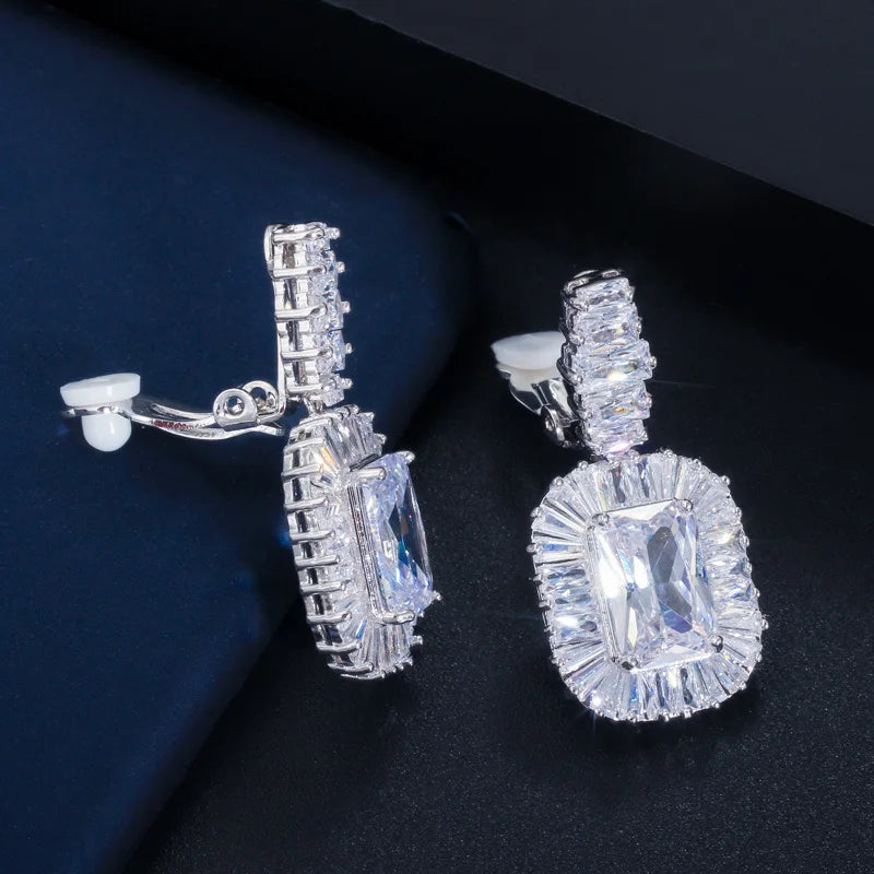Non Pierced Ear Gorgeous Top Cubic Zirconia Crystal Women Wedding Evening Party Clip on Long Earrings Without Piercing