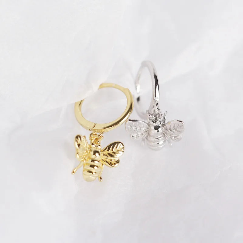 New Fashion 925 Sterling Silver Plain Dangling Animal Bee Shape Insects 18k Gold Plated Hoop Earrings for Women