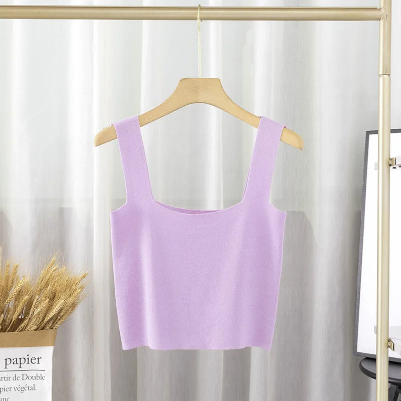 None Sweet Women S Nylon M Summer Womens Fashion Solid Color Square Neck Doublelayer Sling Slimfit Vest Top