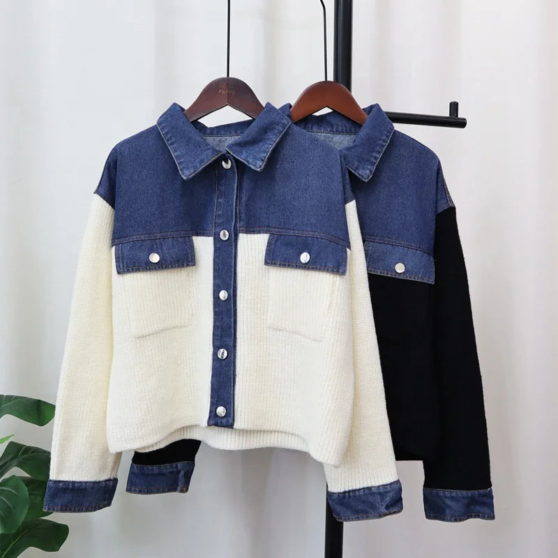 2025 Autumn Winter New Spliced Denim Knitted Cardigan Short Korean Version Loose and Versatile Design Sweater Jacket