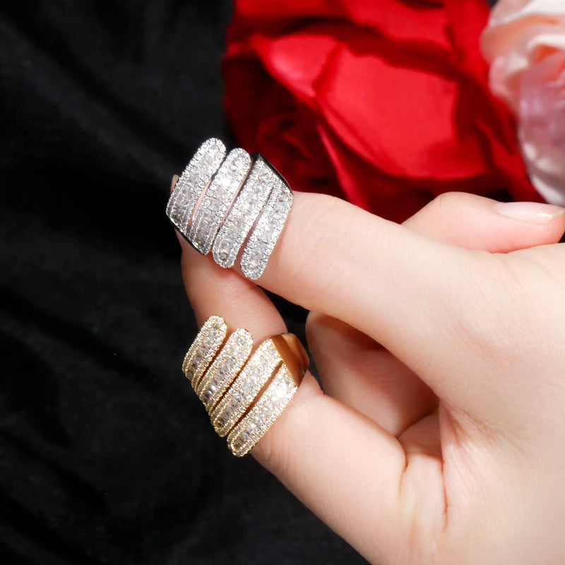 Luxury Dubai Gold Silver Color Cubic Zirconia Big Resizable Ring for Women Cocktail Party Jewelry Accessories