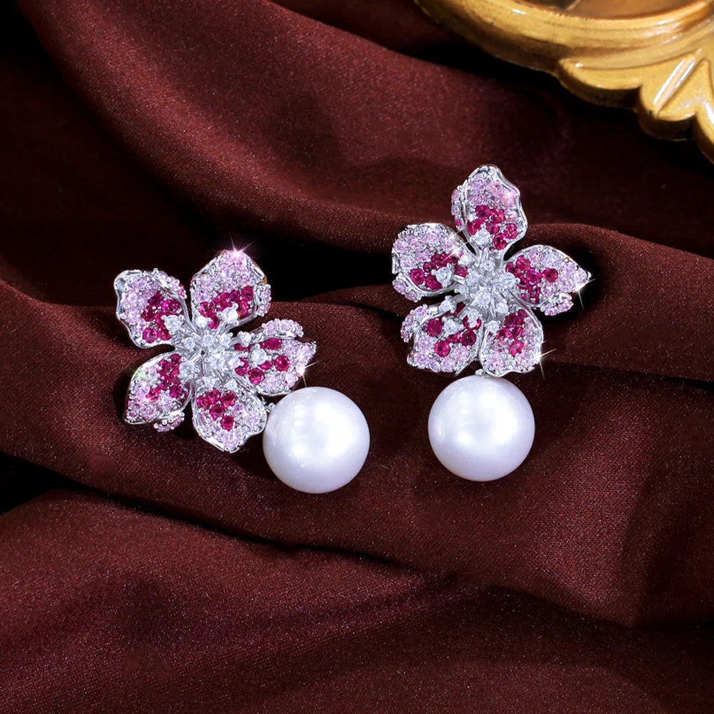 Delicate Shiny Pink Red Cubic Zirconia Big Simulated Pearl Long Flower Dangle Drop Earrings for Women Bridal Party Jewelry