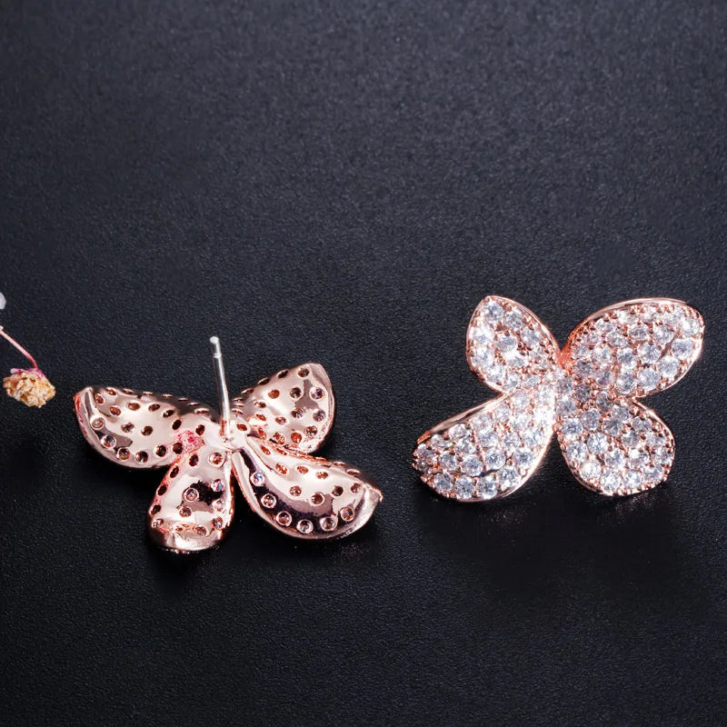 Graceful Design Rose Gold Plated Cubic Zircon Flower Stud Earrings for Women Party Daily Wear Appointment Gift
