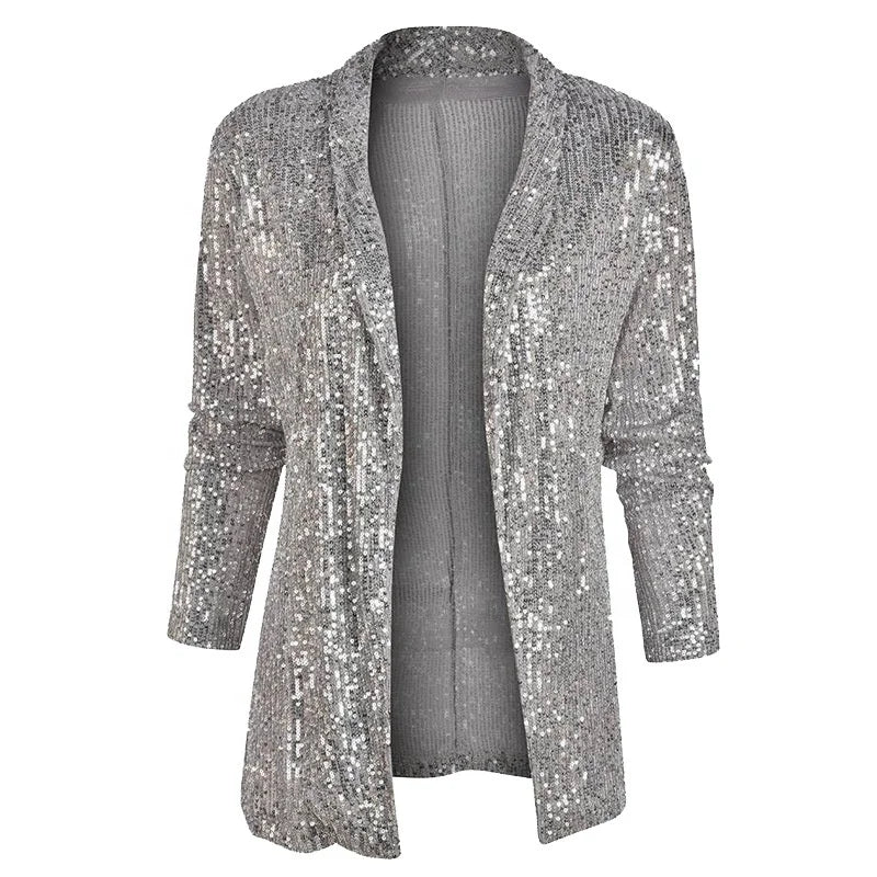 Glitter Long Sleeved Temperament Medium Length Small Suit Lapel Color Coat for Women