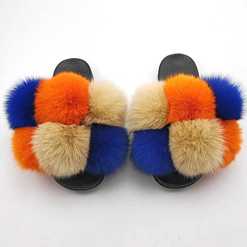 Woman Elegantes Adjustable Slides Fluffy Platform Sandal Rainbow Faux Fur Slippers