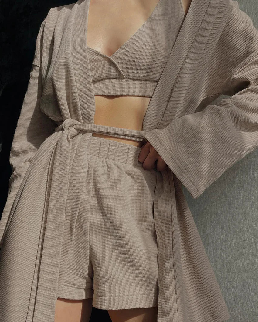 Waffle Solid Color Long Sleeve Robe Underwear Shorts Casual Three-piece Set Home Wear Lingerie Pajama Set Pajamas for Women