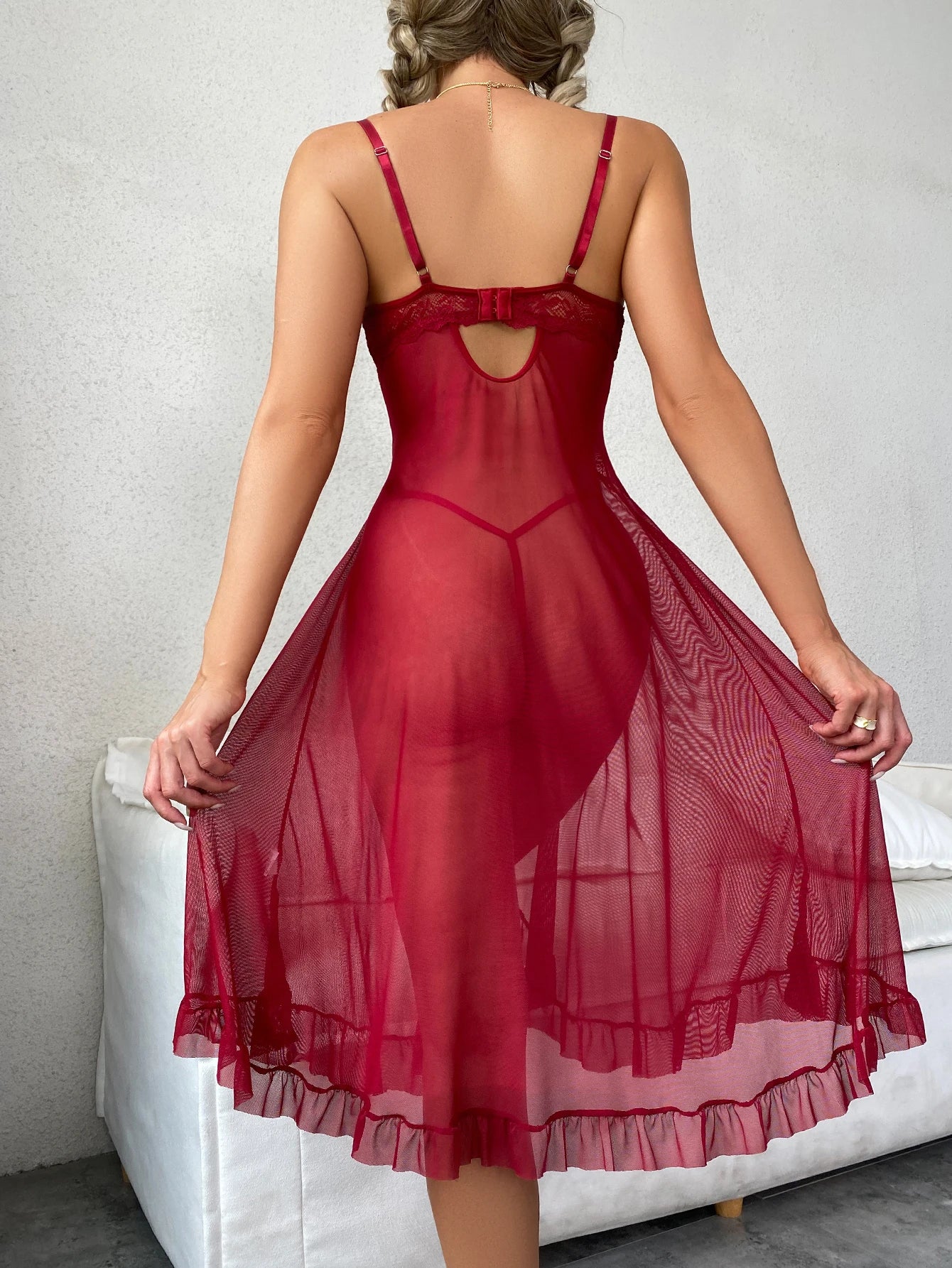 Lingerie for Honeymoon Valentine's Day Red Transparent Tulle Women Sexy Flirtatious Tempt Pajamas Set