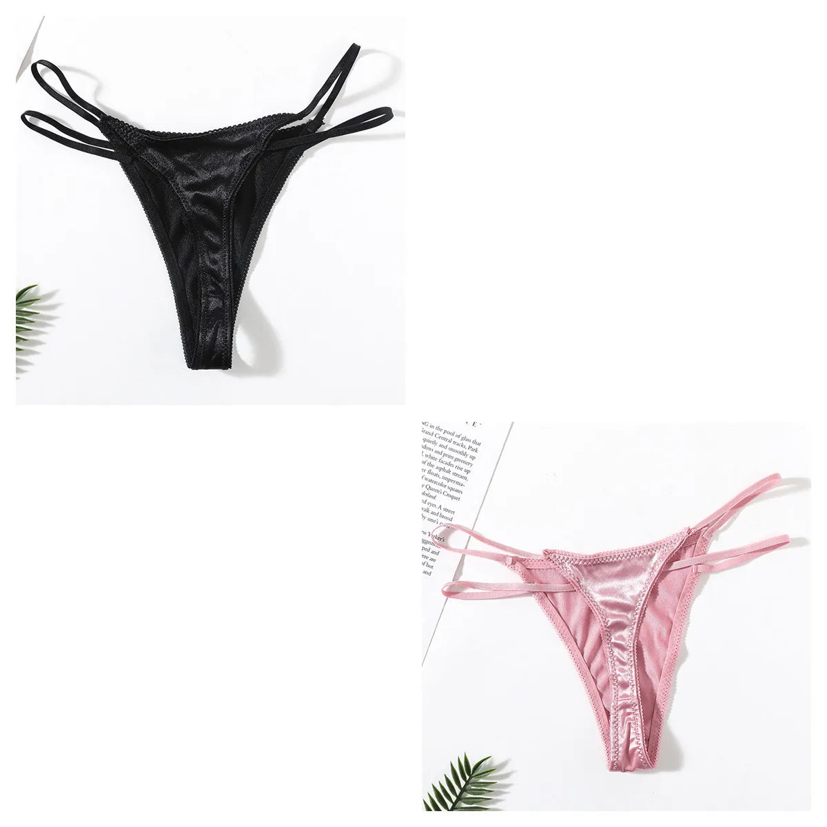 2Pcs/Set Women Panties Low Waist G-string Satin Underwear Female Underpants Solid Color Panty Sexy Lingerie Thongs