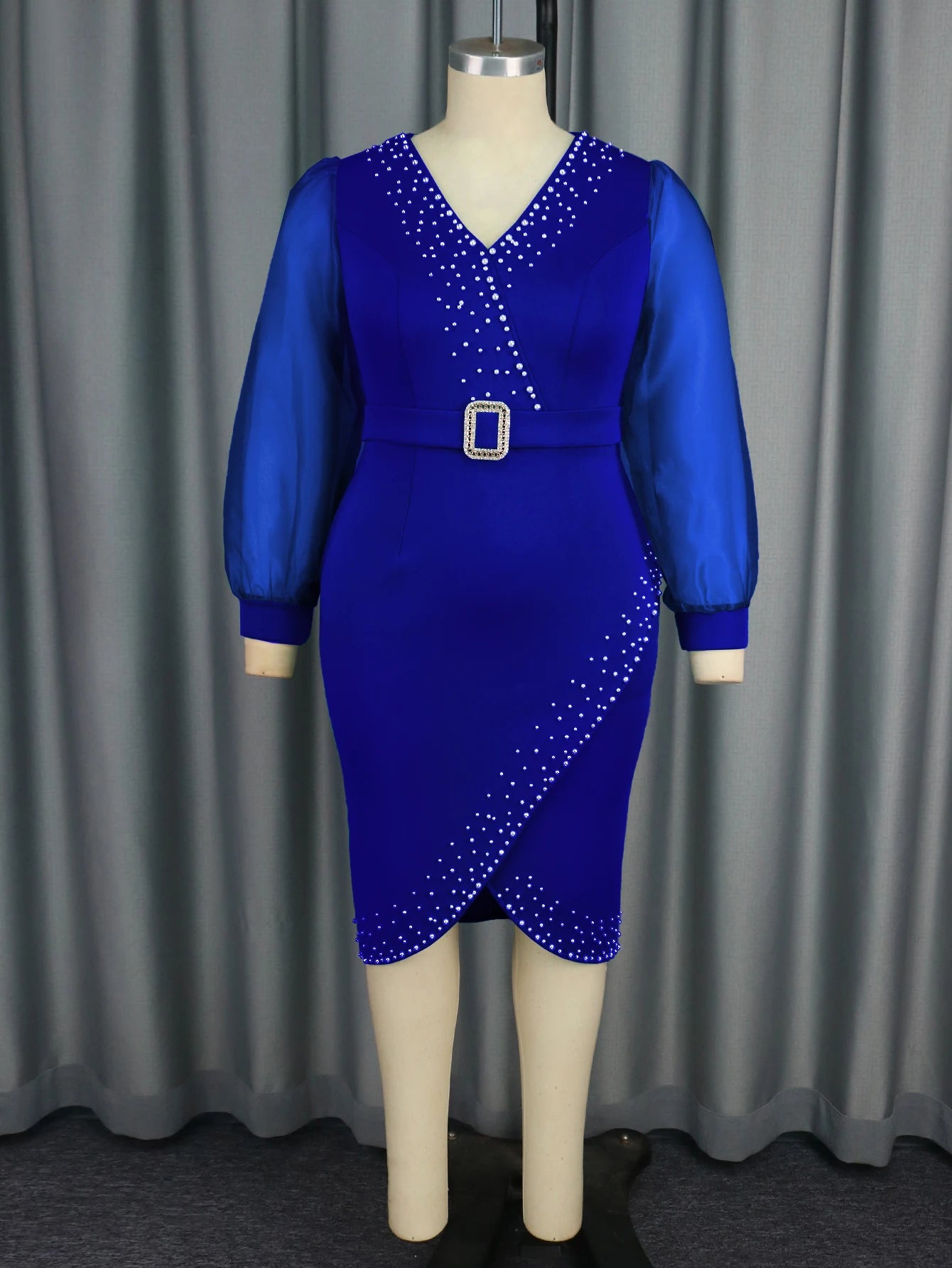 Tulle Lantern Sleeves V Neck Office Lady Beading Career Dress with Belt