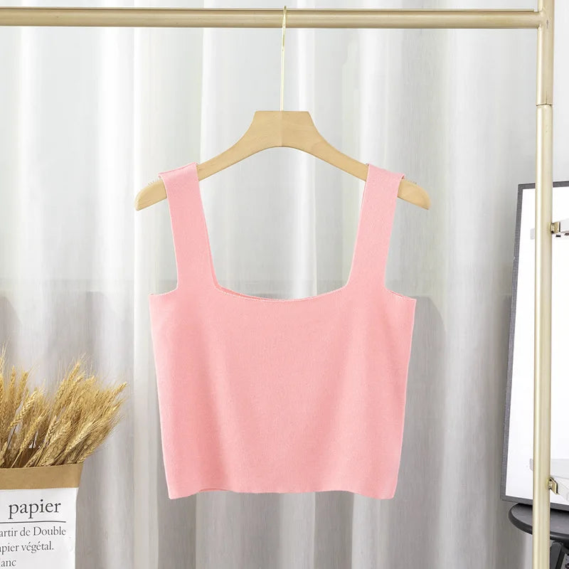 None Sweet Women S Nylon M Summer Womens Fashion Solid Color Square Neck Doublelayer Sling Slimfit Vest Top