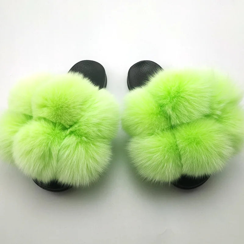 Woman Elegantes Adjustable Slides Fluffy Platform Sandal Rainbow Faux Fur Slippers