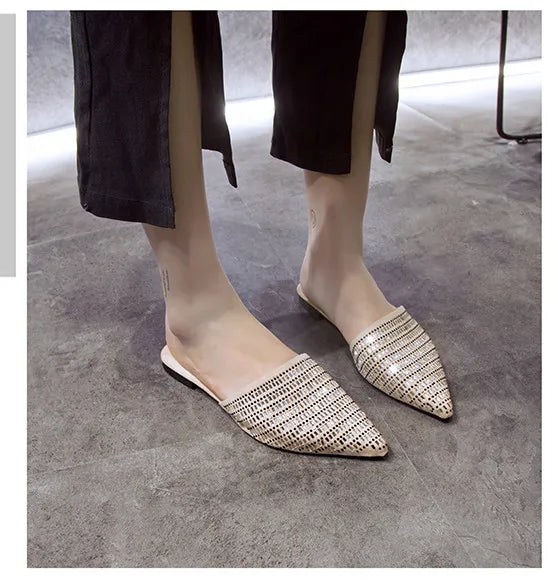 Brand New Design Shiny Diamond Women's Flat Shoes Open Heel Simple Mueller Shoes Casual Lazy Ladies Shoes