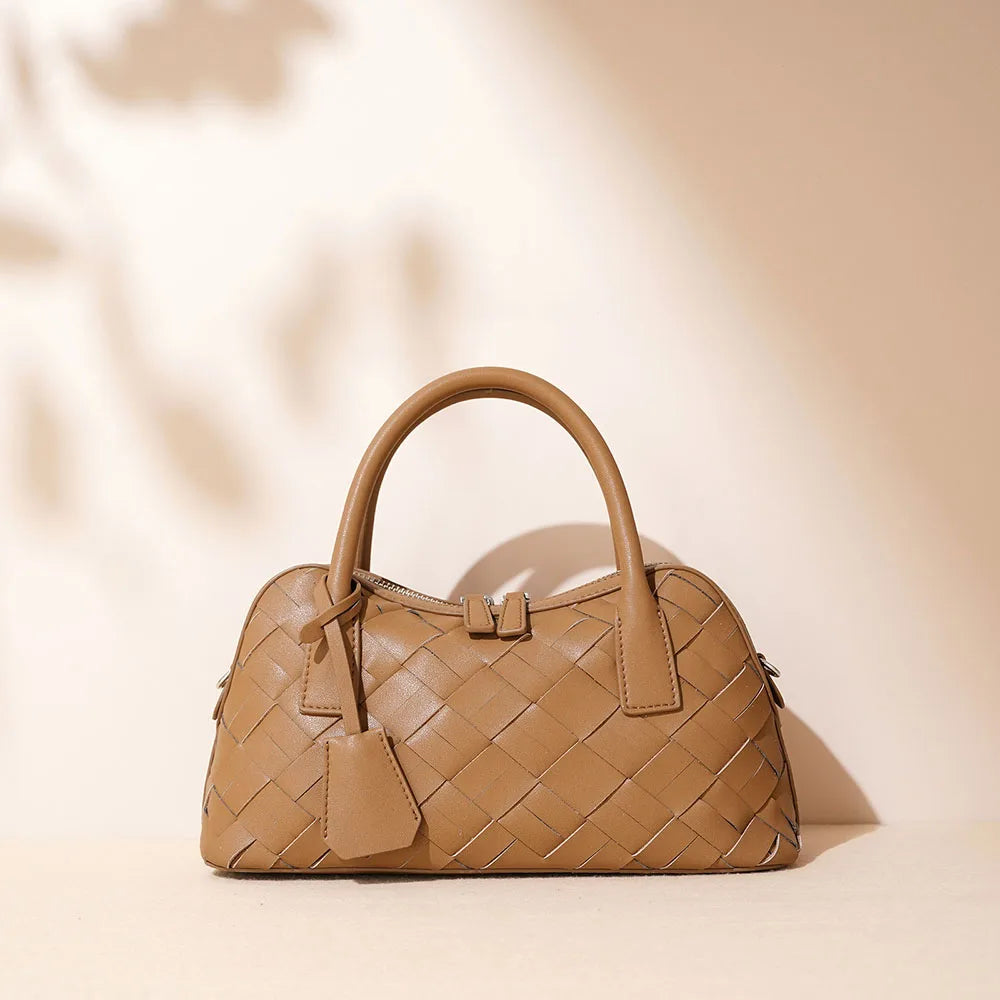 Elegant Genuine Cowhide Leather Woven Bag Women's Lady Style Handwoven Crossbody Shoulder Clutch Pillow Handbag Purse