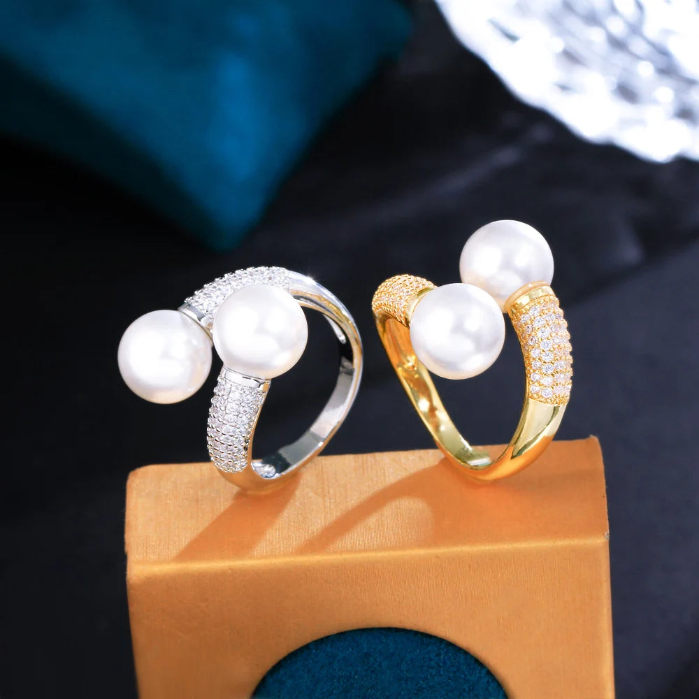 Adjustable Shiny Cubic Zirconia Paved Double Big Pearl Finger Rings for Women Party Engagement Anniversary Weeding Jewelry
