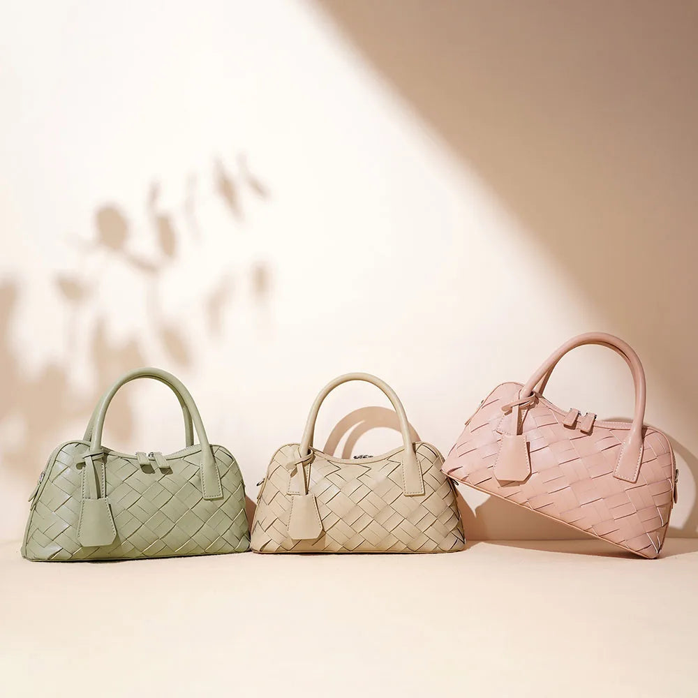Elegant Genuine Cowhide Leather Woven Bag Women's Lady Style Handwoven Crossbody Shoulder Clutch Pillow Handbag Purse