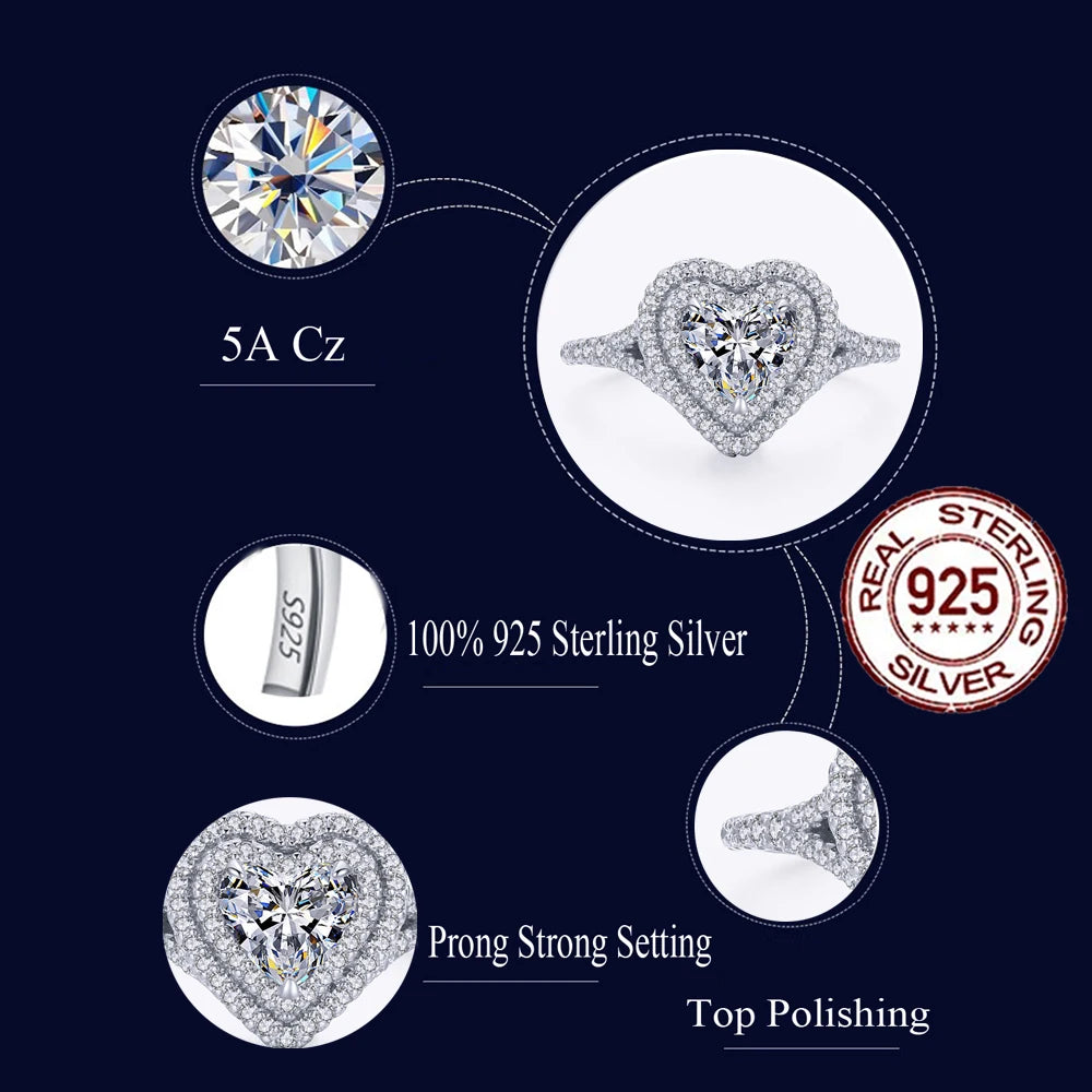Delicate White Gold Plated 925 Sterling Silver Big Cubic Zircon Heart Shape Engagement Ring for Women Jewelry Accessories