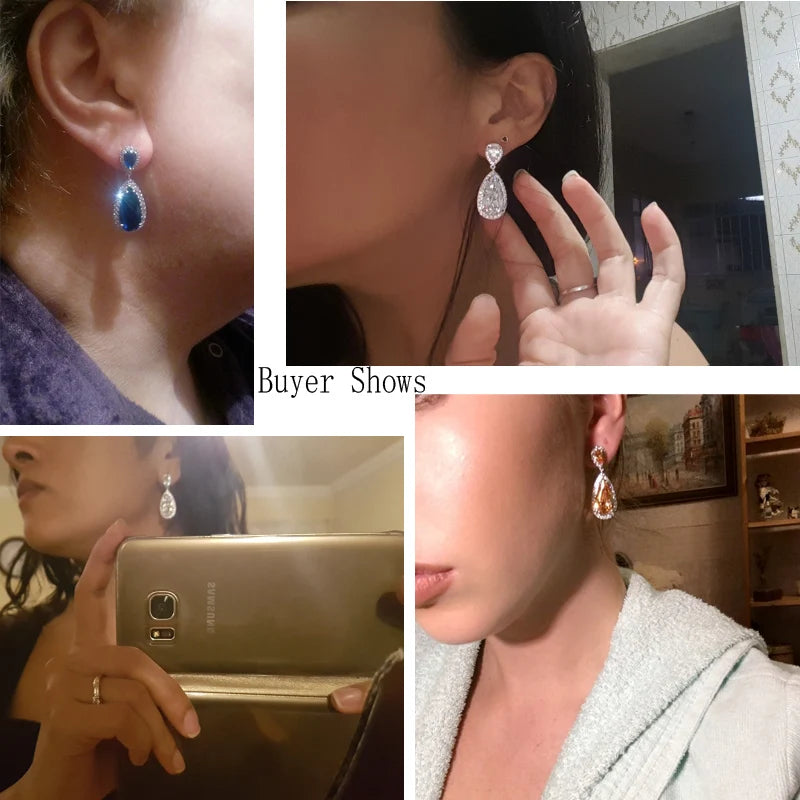 White Gold Plated Cubic Zirconia Crystal Long Tear Drop Dangling Bridal Earrings for Women Party Jewelry Gift with Safe Pin
