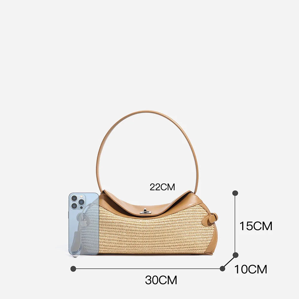 High Quality Genuine Leather Women's Handbag Casual Crossbody Sling Raffia Shoulder Bag PP Straw Fashionable Female Tote Bag