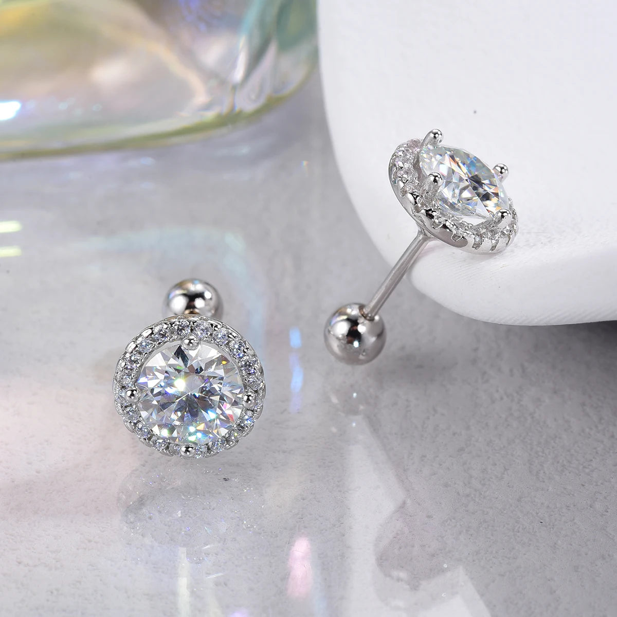 Luxury Diamond Moissanite Round Stud Earrings S925 Silver Twist Bead Design Stud Earrings for Women Men Fine Jewelry