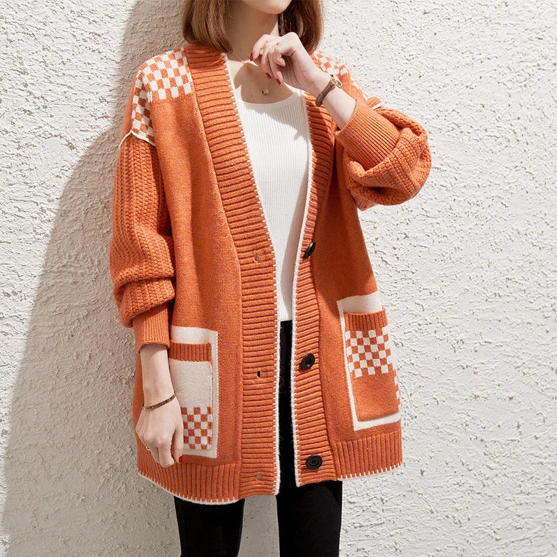 New Fashion Women Midi Long Sweater Knitwear Cardigan Coat Outside Loose Button Pocket Knitting Sweater