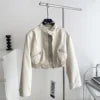 2025 Autumn New Zipper Women's Motorcycle Short Padded Shoulder Jacket Female Long Sleeve Leather Coat
