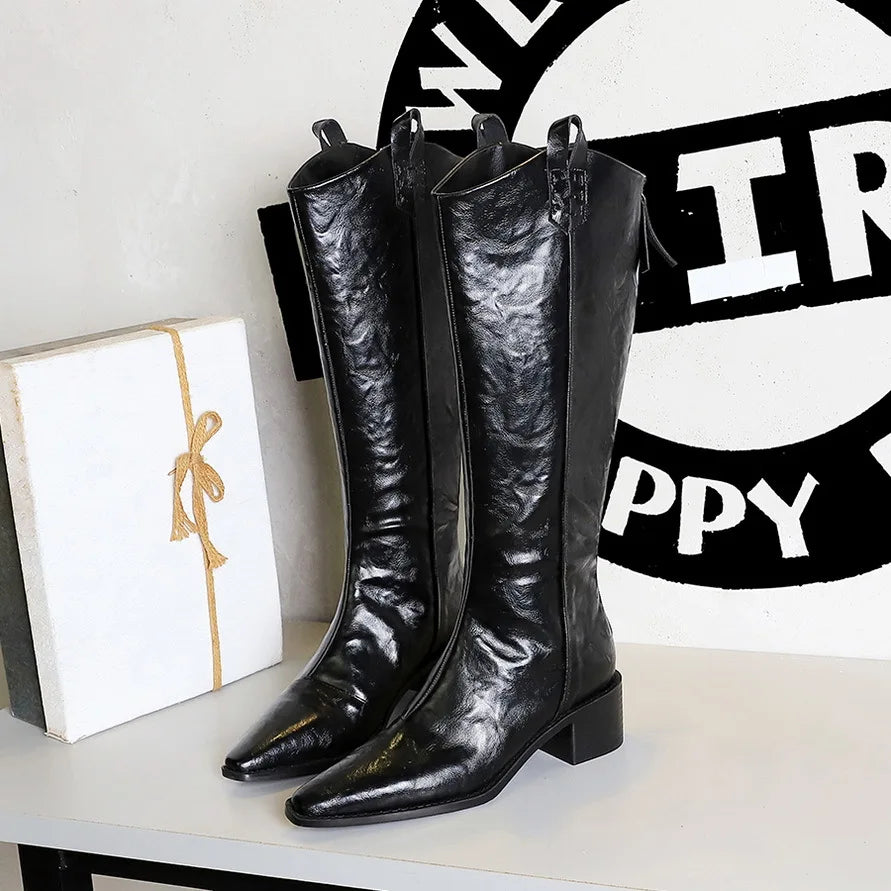 Vintage Women Western Knight Long Booties Fashion Pointed Toe Shoes Autumn Winter Thick Heel Ladies Knee High Boots