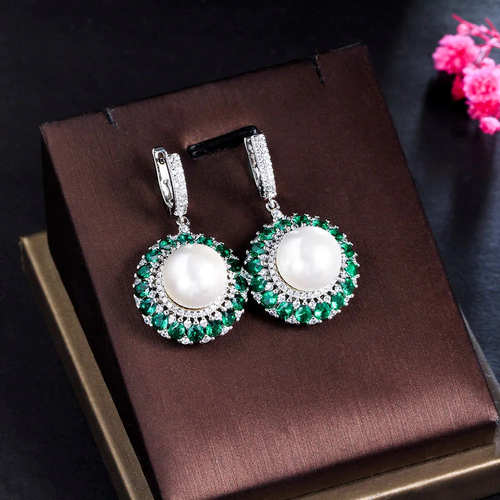 Fashion Silver Plated CZ Huggie Round Big Pearl Drop Earrings for Wedding Quality Green Red Cubic Zirconia Crystal Jewelry Gifts