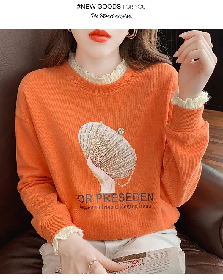 2025 Women Hoodies Fashionable Long Sleeve Loose Hoodies Woman Print O Neck Thick Pull Over Hoodies for Women