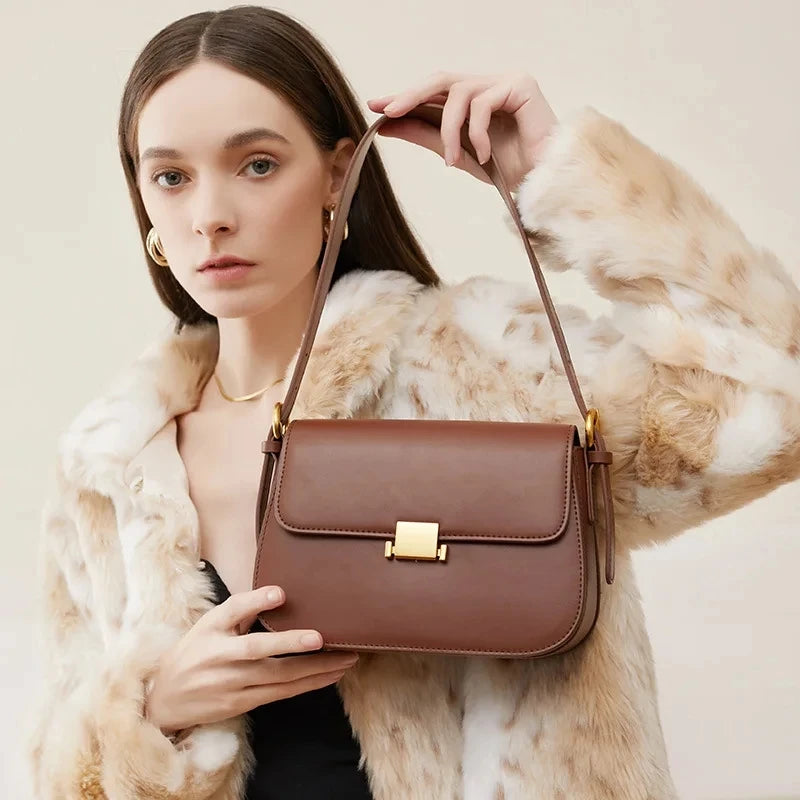 Women Cowhide Saddle Handbag Small Wedding Flap Underarm Shoulder Bag Retro Leather Square Box Messenger Tote for Lady Female