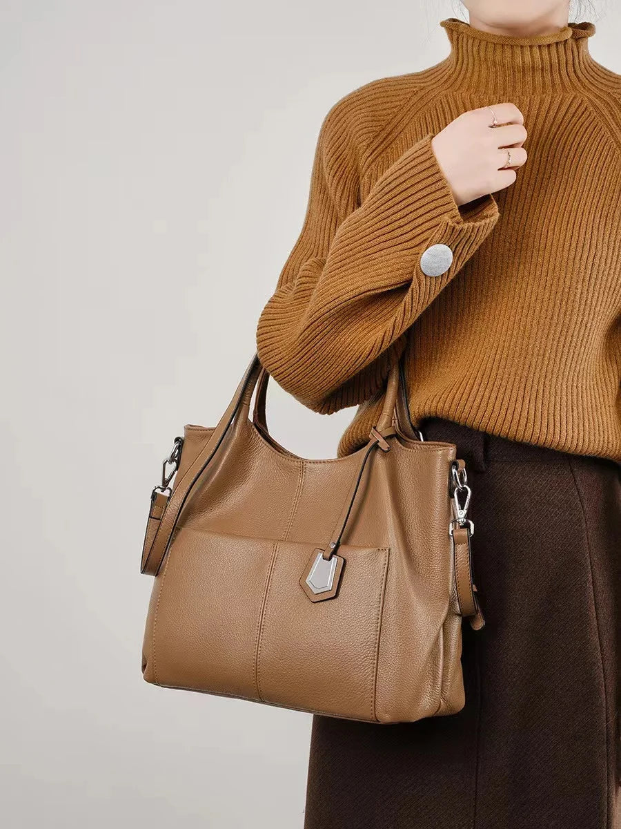 Genuine Leather Women's Tote 2025 New, Large Capacity Single Shoulder Handbag Middle-aged Mom Crossbody Bags