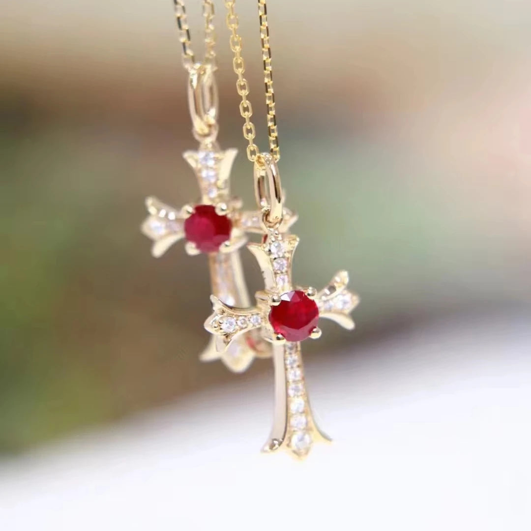 18K Gold Cross Pendant Natural Ruby Diamond Moissanite Jesus Hiphop Birthstone Necklace Pendants Charms