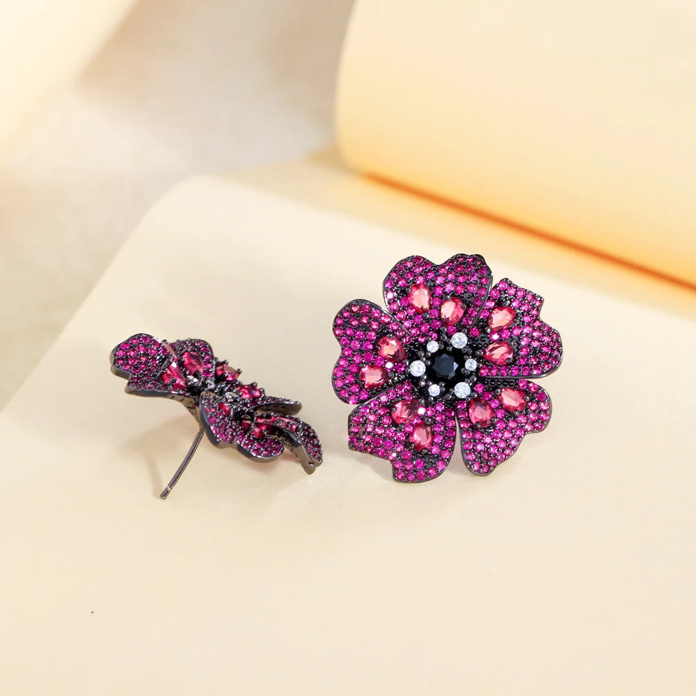 Luxury Rose Red Cubic Zirconia Big Flower Stud Earrings for Women Fashion Elegant Daily Party Costume Jewelry