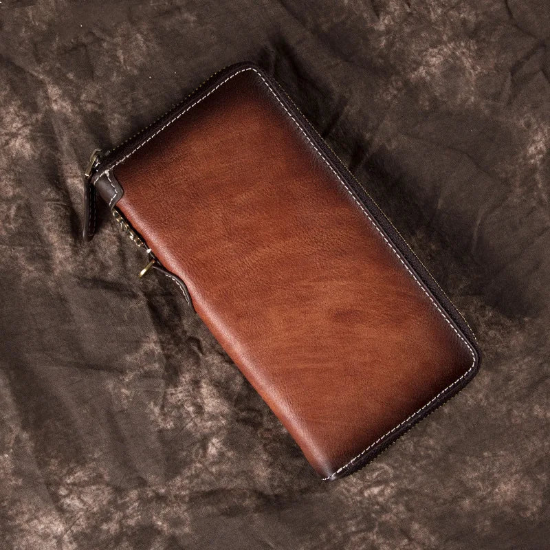 Customizable Men's Clutch Purse New Genuine Cow Leather Zipper RFID Hand Painted Long Cell Phone Bag