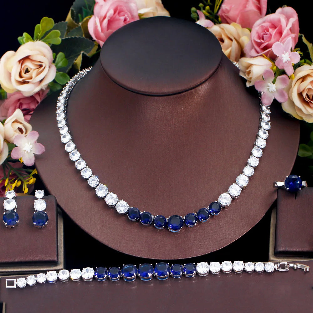 4pcs Round Blue White Cubic Zircon American Wedding Bracelet Necklace Ring and Earring Women Tennis Jewelry Set for Men Women