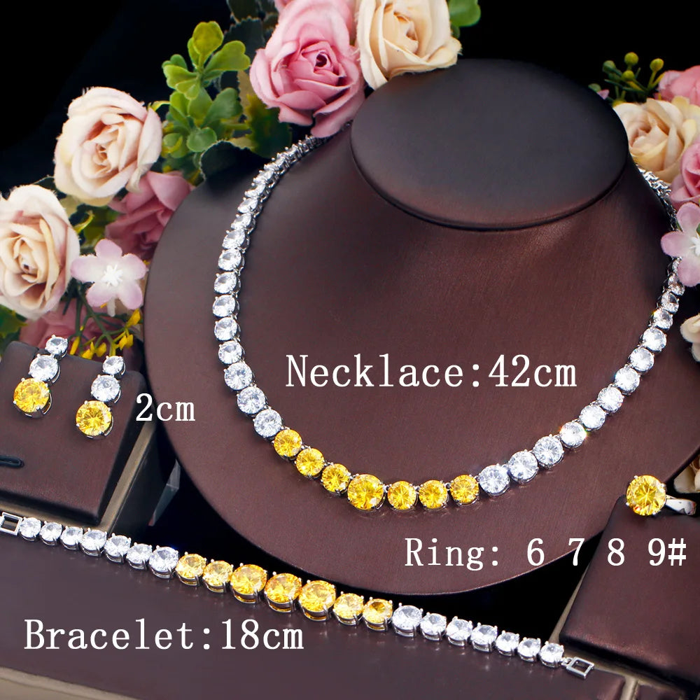 4pcs Round Blue White Cubic Zircon American Wedding Bracelet Necklace Ring and Earring Women Tennis Jewelry Set for Men Women