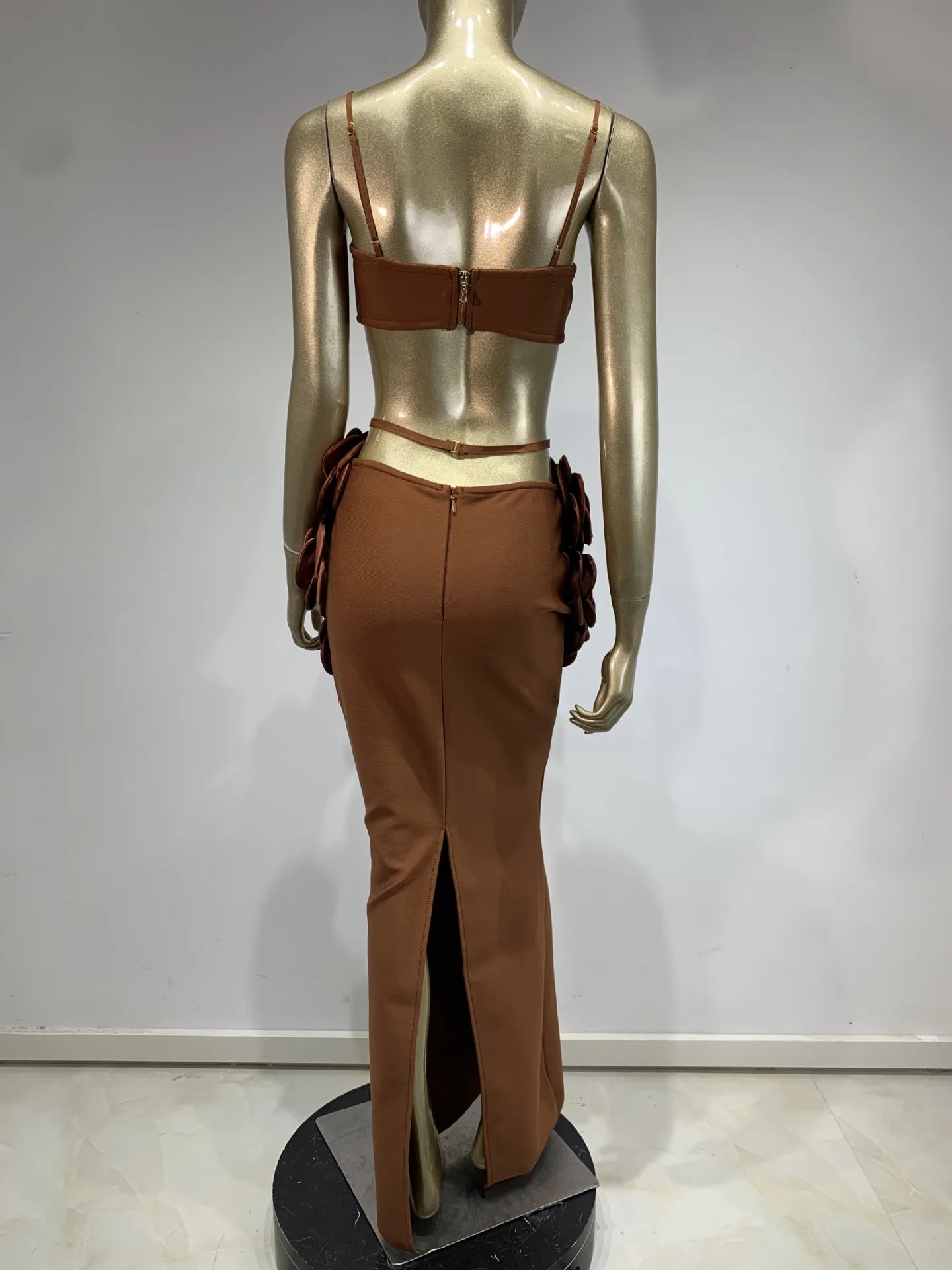Trending 2025 Latest Arrival Sexy Dark Brown Bandage Dresses 3D Flower Top Floral Maxi Dress Gown Two Piece Set