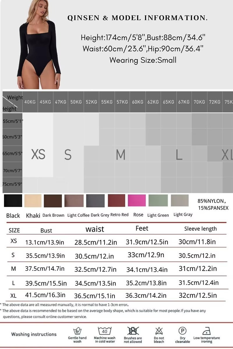 2PCS New Style Women's Sexy Square Neck Bodysuit Long Sleeve Double Lined Shirt Tops