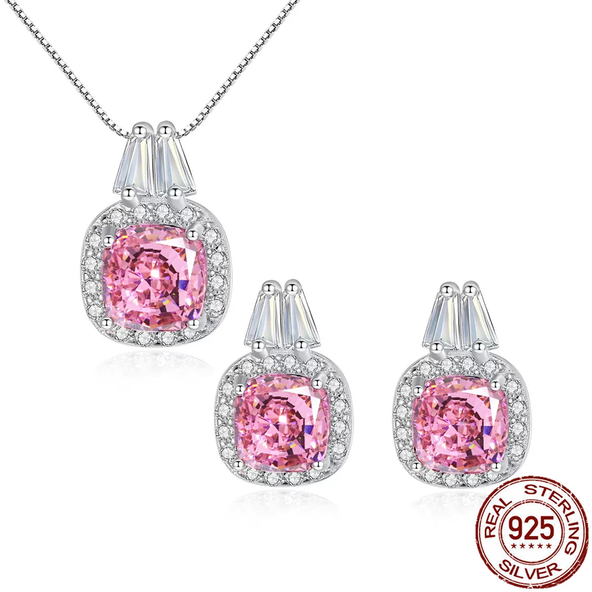 Discover Charming Real 925 Sterling Silver Cubic Zirconia Jewelry Set Pink CZ Square Pendant Earrings Jewelry Set for Women Banquet