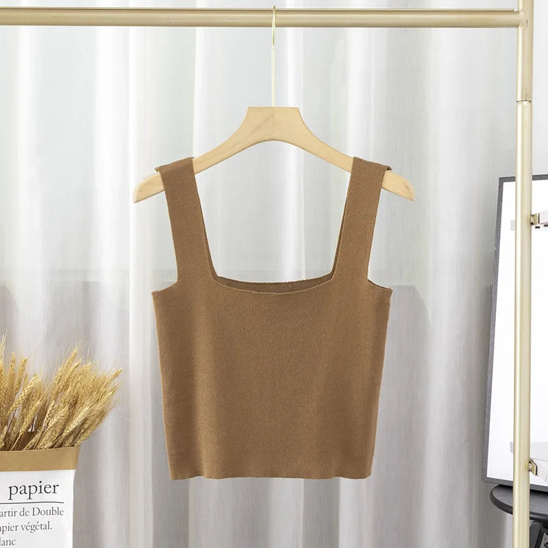 None Sweet Women S Nylon M Summer Womens Fashion Solid Color Square Neck Doublelayer Sling Slimfit Vest Top