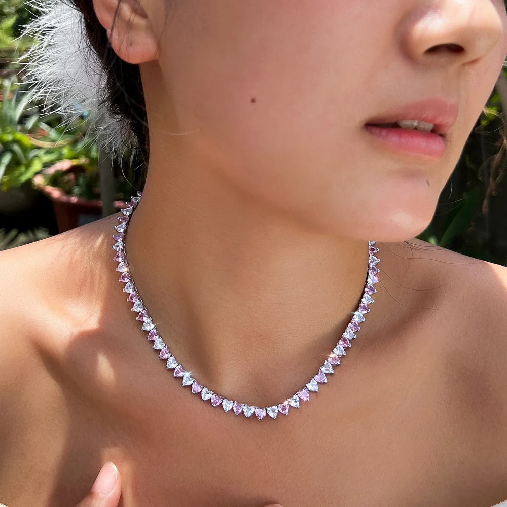 Dainty 3 Claws Cubic Zirconia Setting White and Pink Heart Tennis Necklace for Women Wedding Bridal Party Daily Wear Jewelry