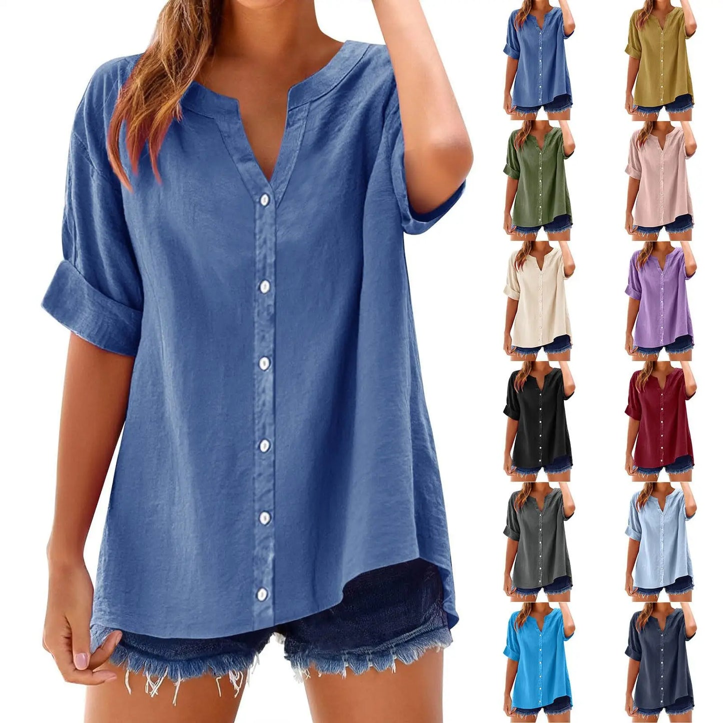 2025 Spring Fall Summer New Shirt Casual Loose Button V-neck Large Short Sleeve Top Women's Shirt