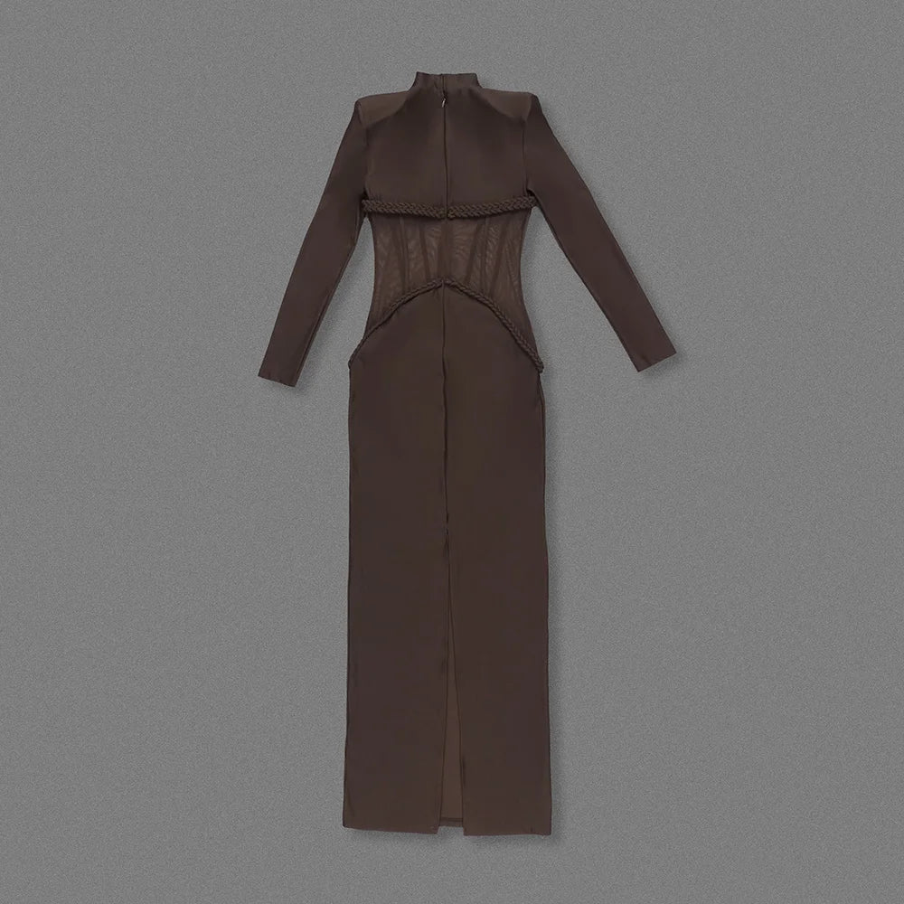 Sexy New Design See-Through Mesh Dress Corset Long Sleeve Maxi Cocktail Party Evening Dress