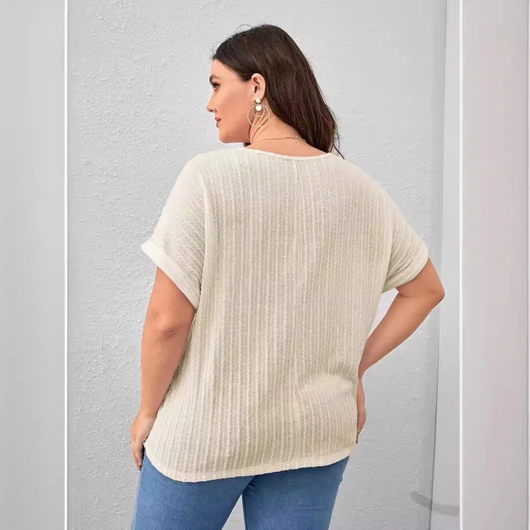 Fashion Women's 2025 Summer New Large Solid Color Short sleeved T-shirt