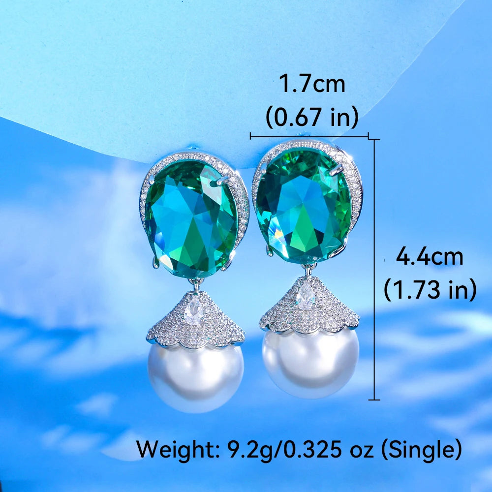 Glamorous Cubic Zircon Green Crystal Imitation Pearl Banquet Party Dangle Drop Earrings for Women Appointment Jewelry