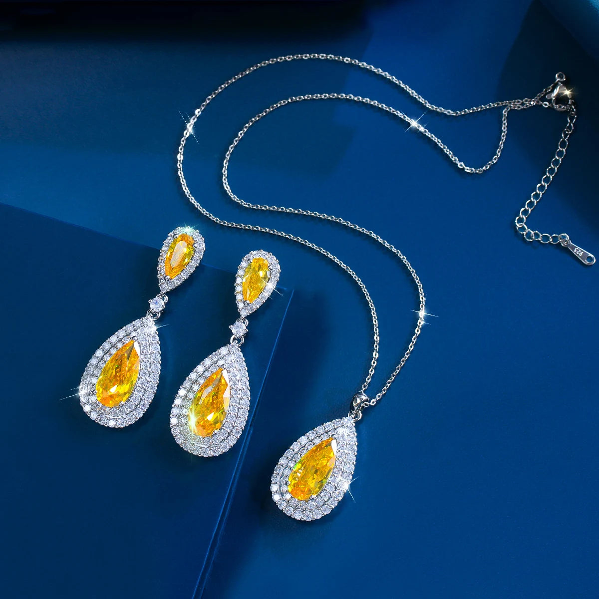 Charming CZ Jewelry Set Yellow Teardrop Dangle Cubic Zirconia Earrings Pendant Jewelry Set for Women Brides Rhodium Plated Gift