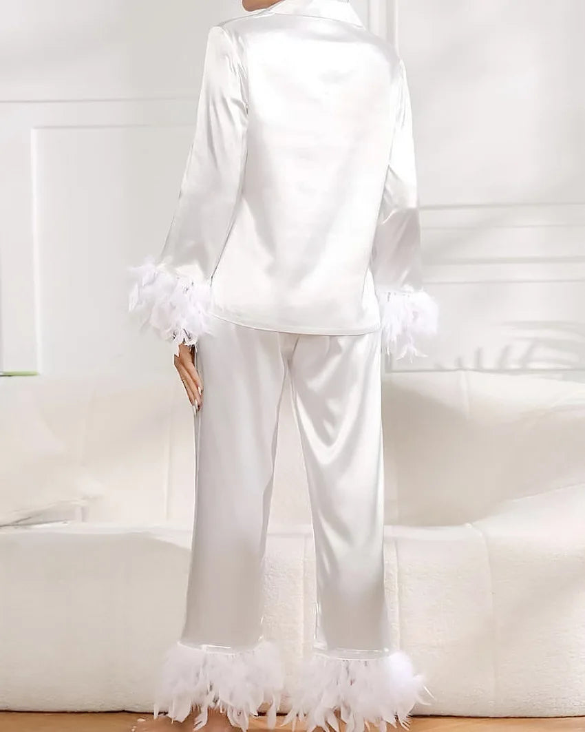 Custom Feather Silk Bridal Robes Satin Pajama Sets for Women