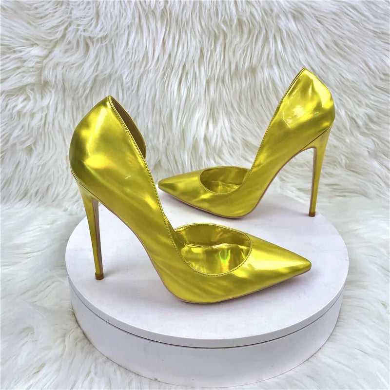 2025 New Laser Gold High Heels 12CM Pointed Fine Heels Red 8CM Women's Shoes