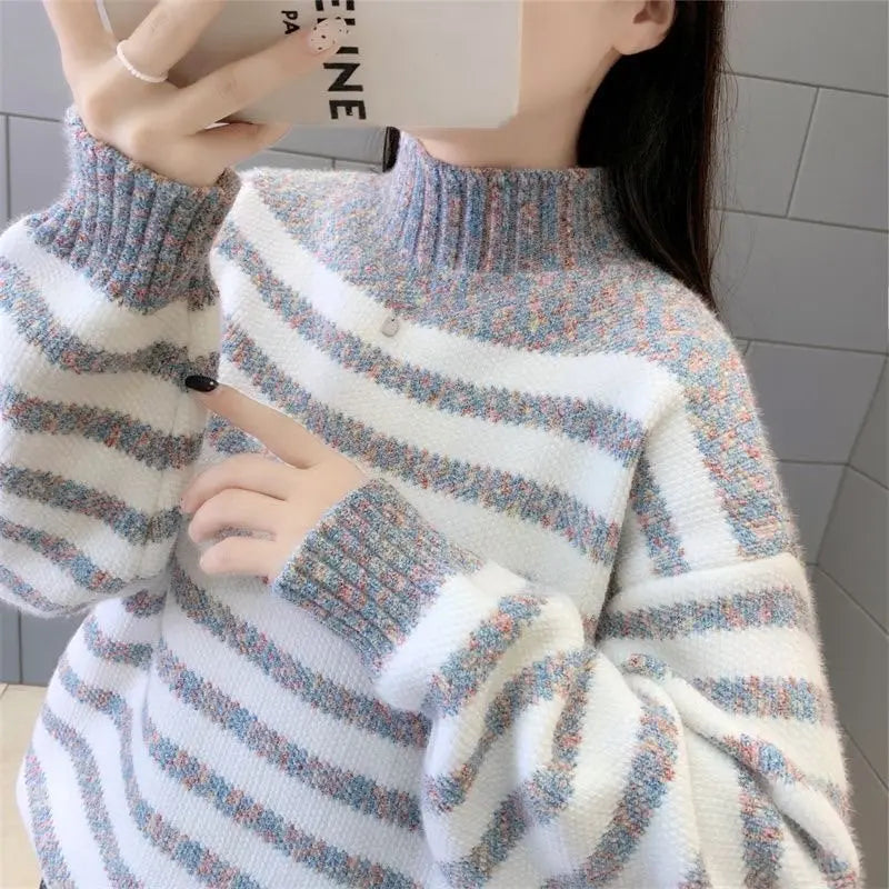 2025 Autumn Winter Women Sweet Sweater Fur Striped Stand Collar Warm Knitwear Loose Long Sleeve Pullover Tops Thick Knit Sweater