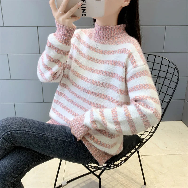 2025 Autumn Winter Women Sweet Sweater Fur Striped Stand Collar Warm Knitwear Loose Long Sleeve Pullover Tops Thick Knit Sweater