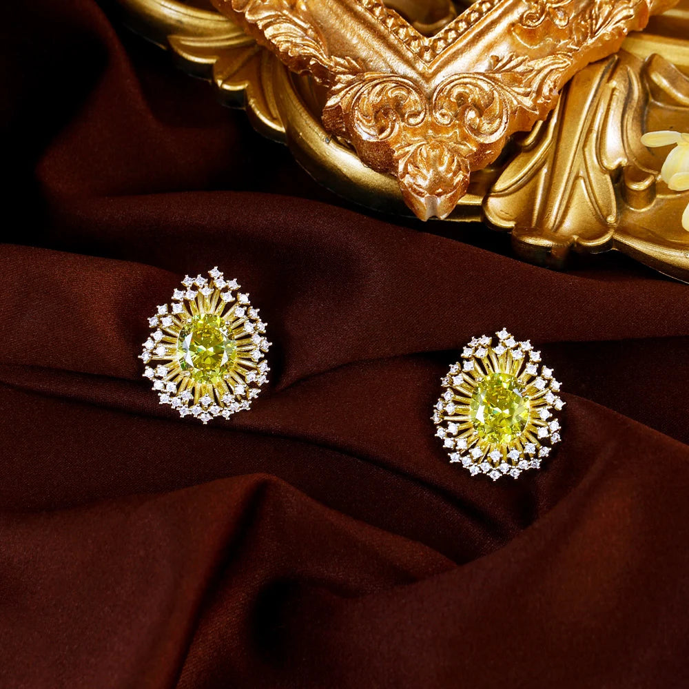 New Trendy Shiny Unique Olive Green Zircon Yellow Gold Plated Big Fireworks Shaped Stud Earrings for Women Daily Party Jewelry
